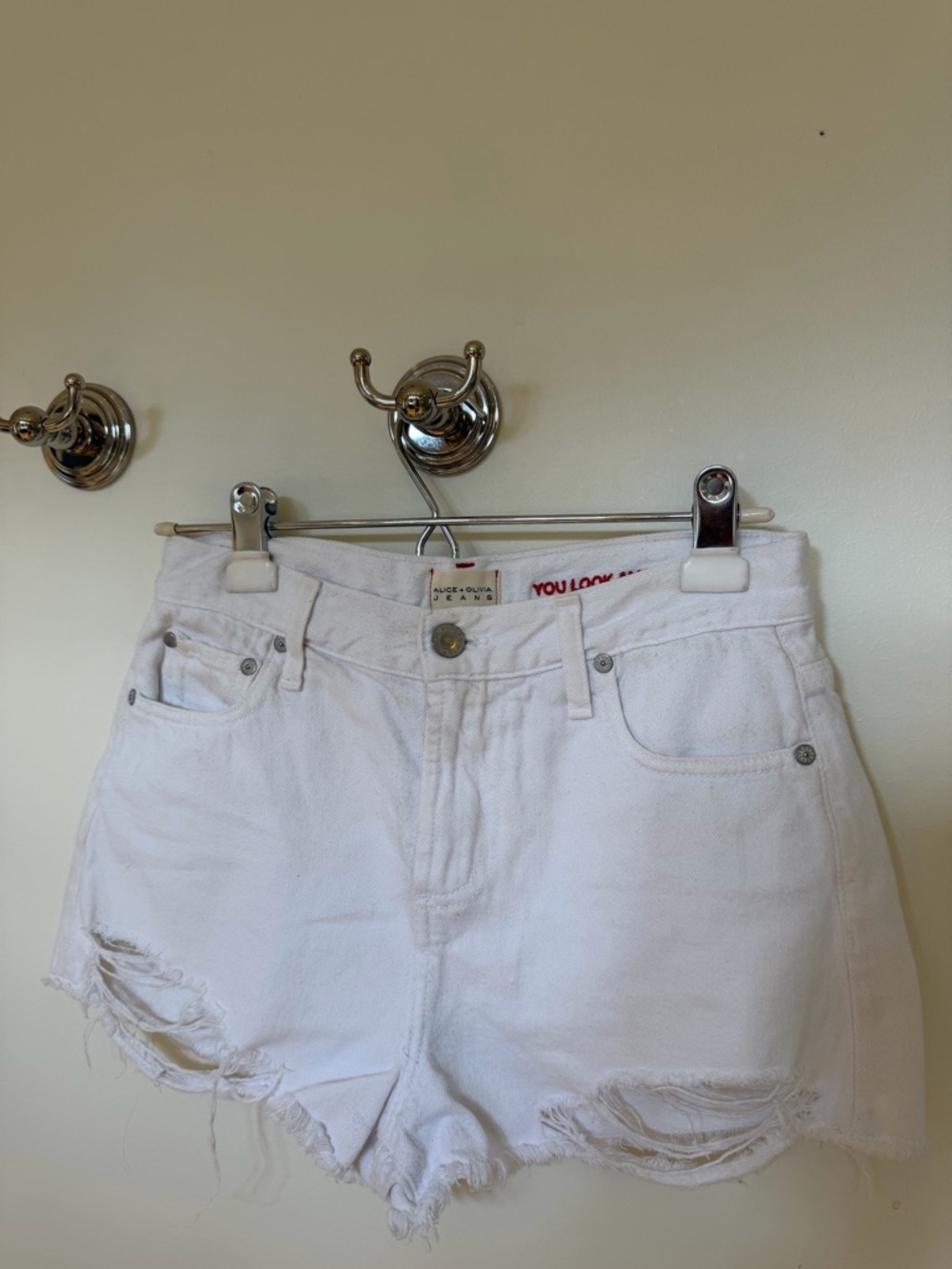 Alice + Olivia White Distressed High-Rise Denim Shorts